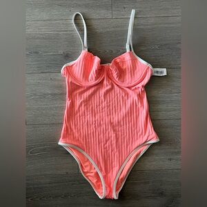 aerie Coral Pink Ribbed One-Piece Swimsuit with White Trim